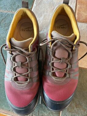 Dansko Burgundy and Brown Women's Athletic Lace-Up Sneakers with Yellow Interior